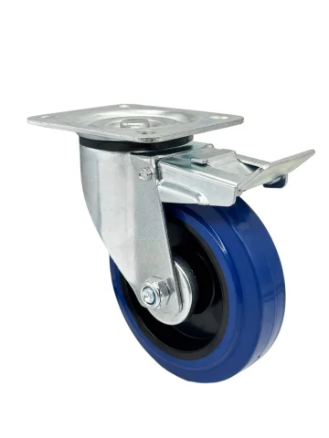 SRCLb 63 - Промышленное усиленное колесо синяя резина 160 мм (площ., повор. с тормозом, роликоподш.)