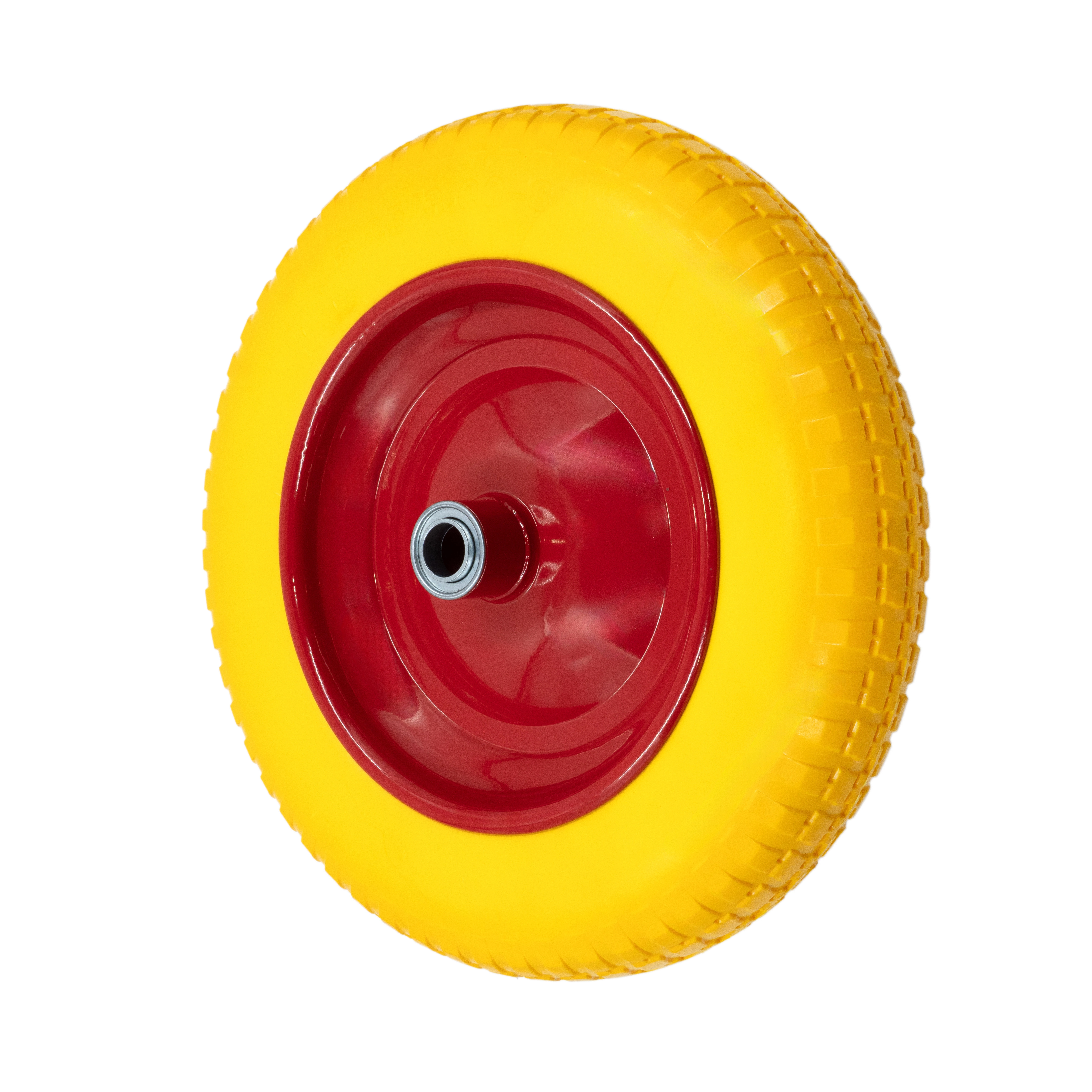 PU 2400-16 - Колесо для тачки / тележки пенополиуретановое бескамерное 3.25/3.00-8, диаметр 360 мм, ось 16 мм, металлический обод, симметричная ступица, шариковый подшипник